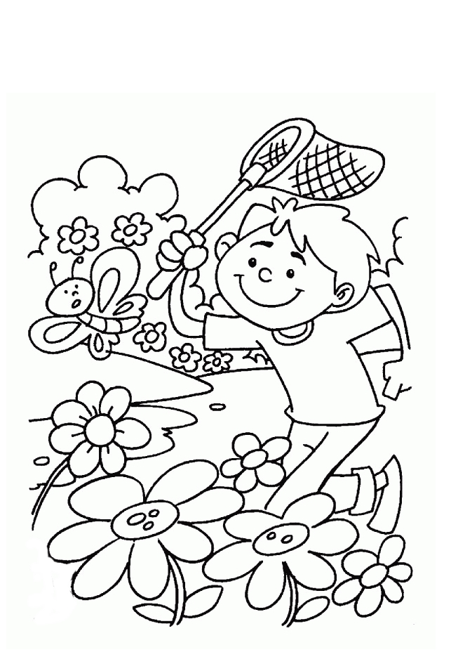 Online coloring book: A boy is trying to catch a butterfly coloring page